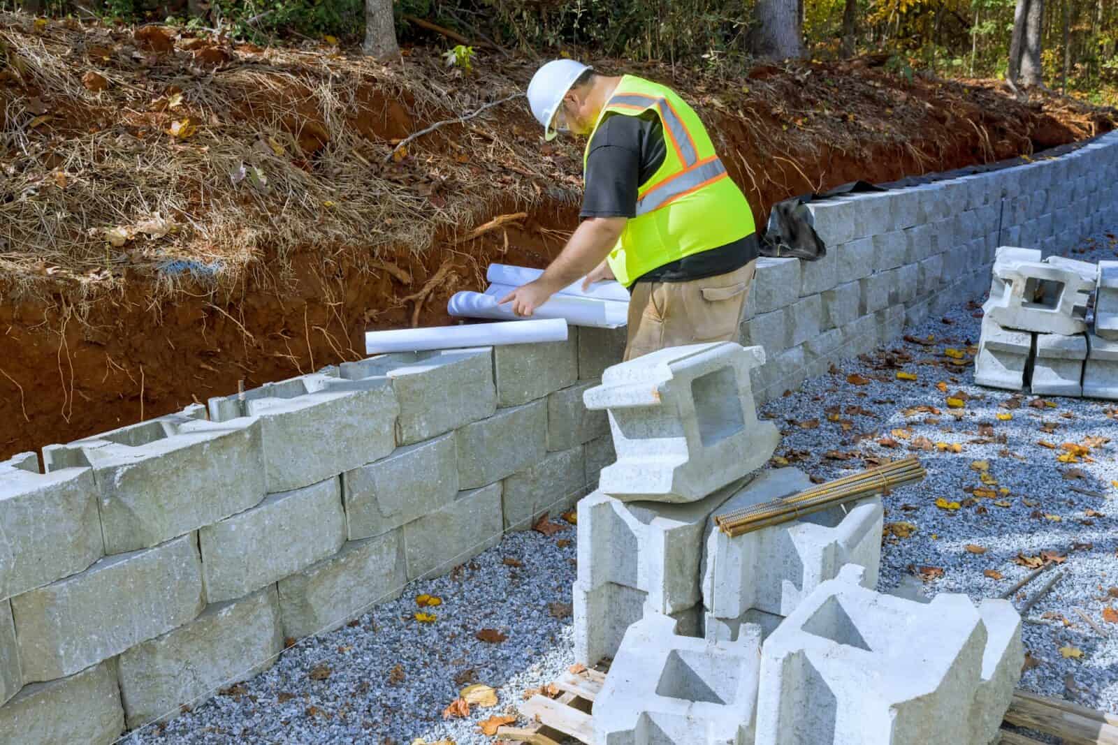 Construction workers typically use blueprints when mounting cement blocks as a retaining walls