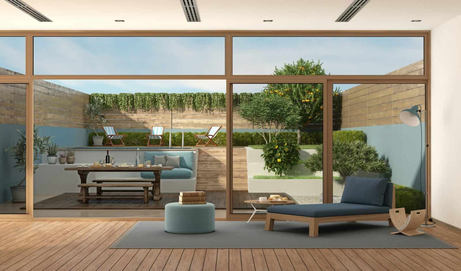 Modern living room with garden on background
