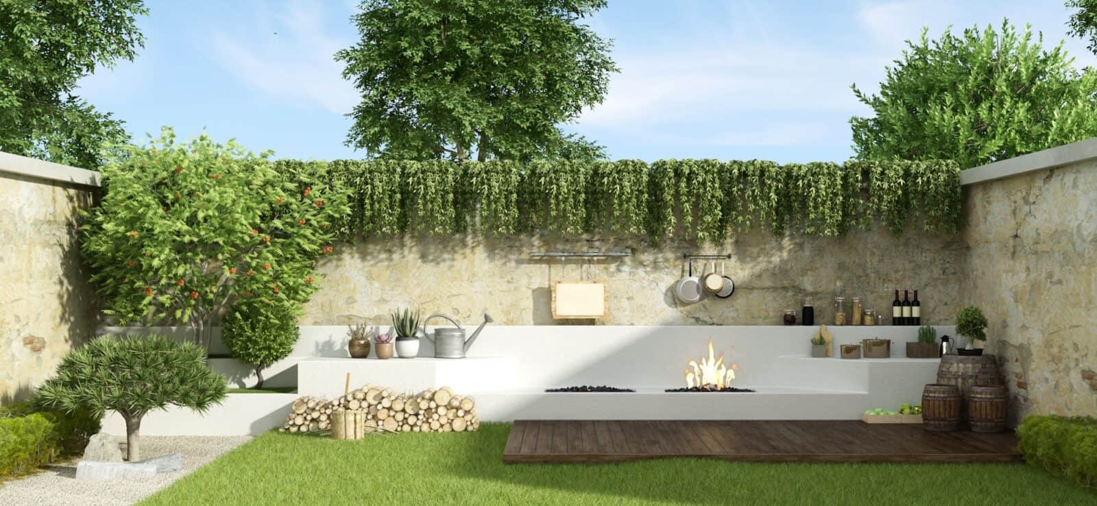 Small garden with barbecue on background in a sunny day - 3d rendering