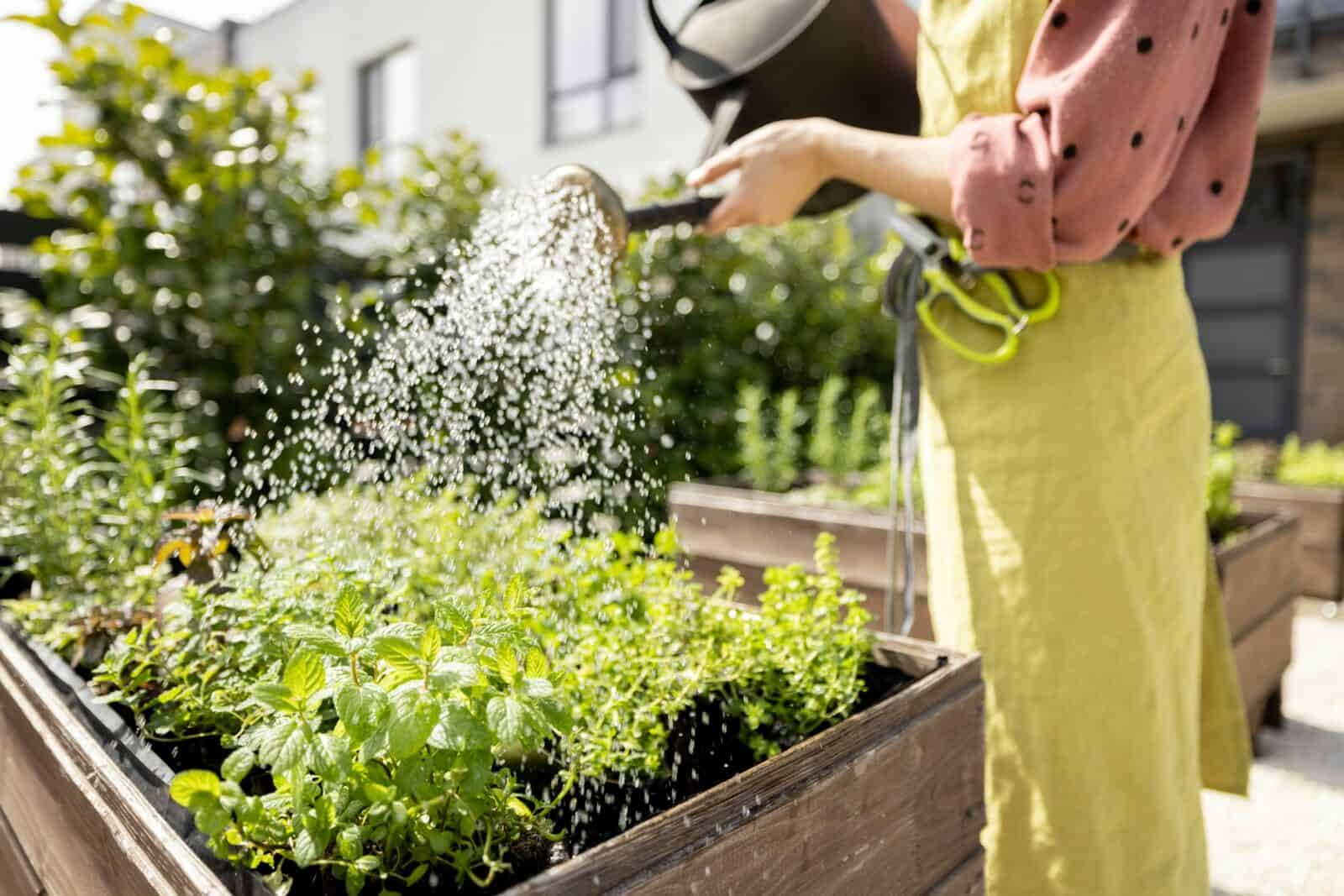 Woman watering fresh herbs at home vegetable garden
